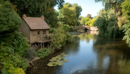 Fototapeta premium Wooden Cottage by a Serene River with Stone Bridge