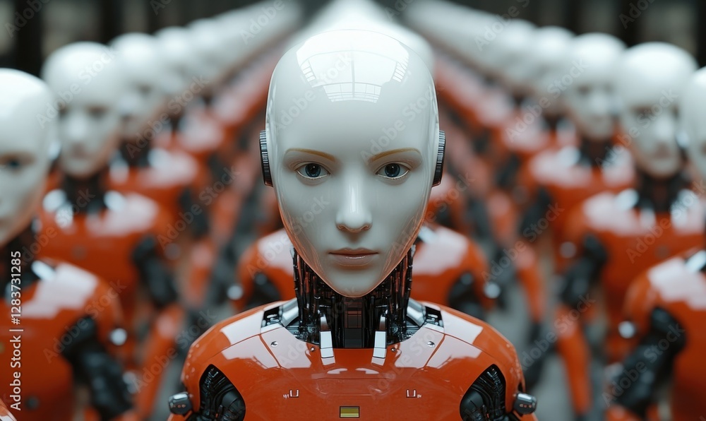Poster humanoid robots assembly line future factory
