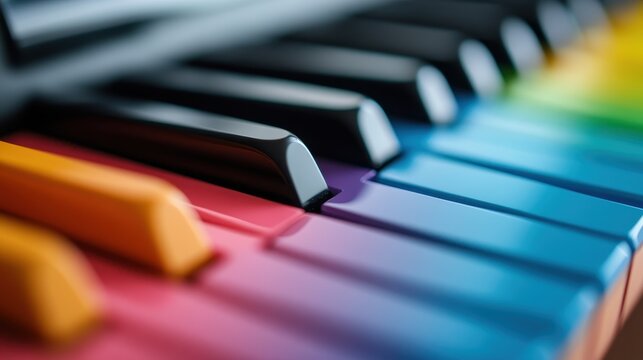 A vibrant and visually striking close-up of colorful piano keys on a modern keyboard, showcasing the beauty and diversity of musical expression and creativity.