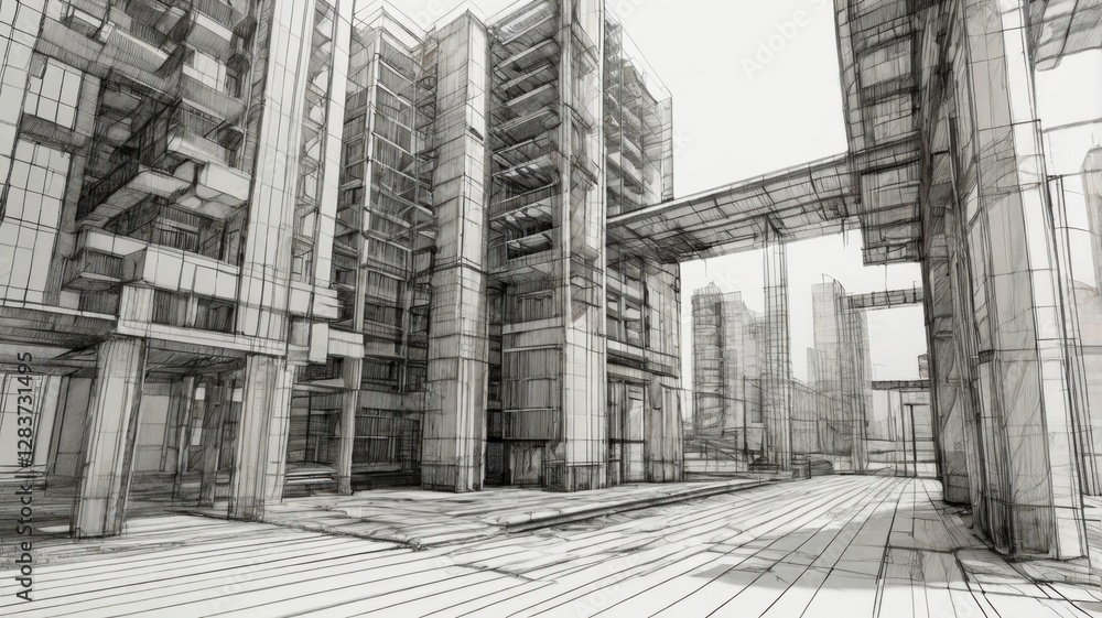 Poster abstract monochrome 3d urban landscape illustration with intricate architectural structures and geom