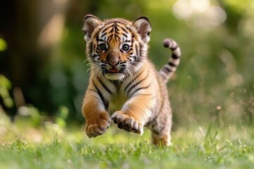 Obraz premium Adorable Tiger Cub Running in Green Grass,