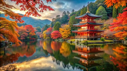Obraz premium Pagoda's autumn hues mirrored in glassy water.