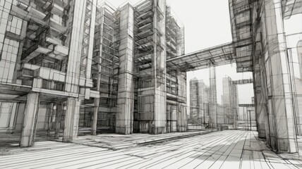 Obraz premium Abstract Monochrome 3D Urban Landscape Illustration with Intricate Architectural Structures and Geometric Patterns in a Modern City Design