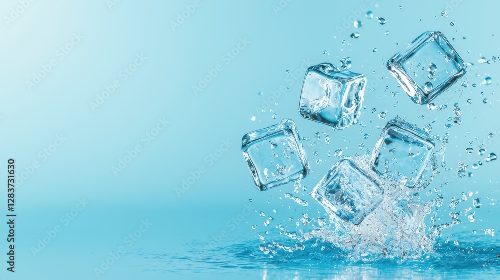 Poster dynamic splash of ice cubes falling into water creating bubbles and ripples in a cool aqua backgroun