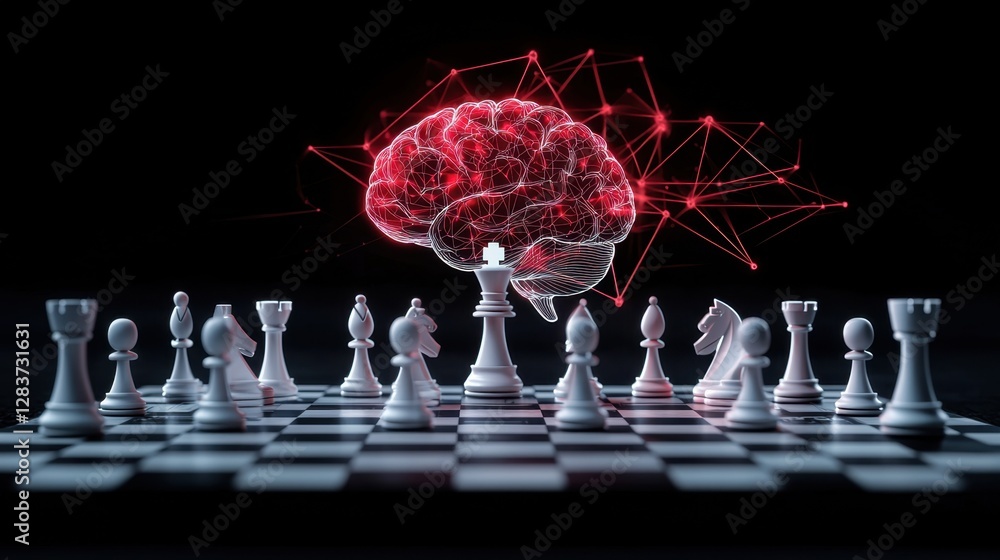 Poster conceptual visualization of strategic thinking represented by a chessboard and a glowing brain surro