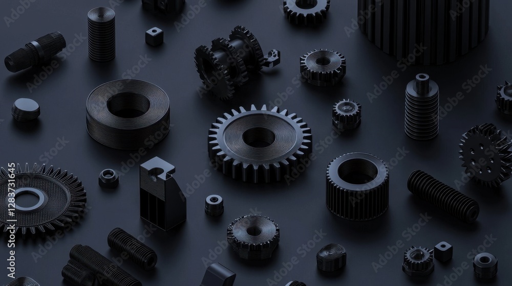 Poster abstract arrangement of various black mechanical components on a dark surface showcasing intricate d