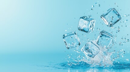 Obraz premium Dynamic Splash of Ice Cubes Falling Into Water Creating Bubbles and Ripples in a Cool Aqua Background for Refreshing Beverage Concepts