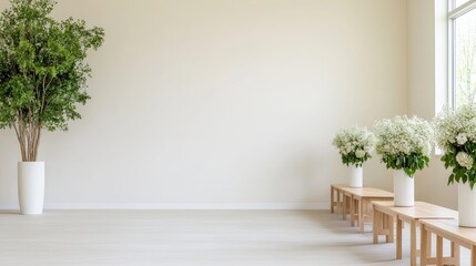 Empty room with potted plants and benches, modern minimalist interior, for event planning or corporate presentation