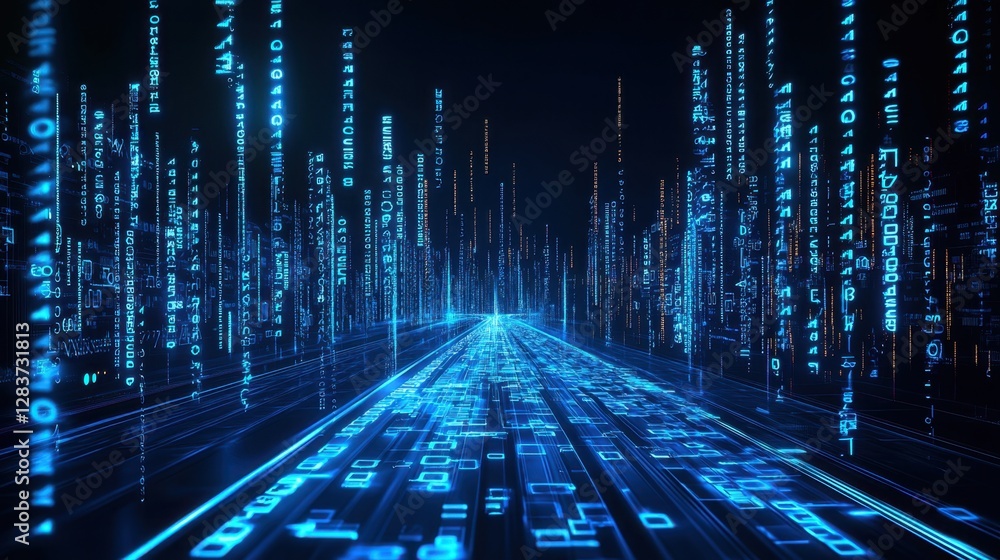 Fototapete Futuristic digital landscape with glowing binary code and data streams creating an immersive technology-inspired environment