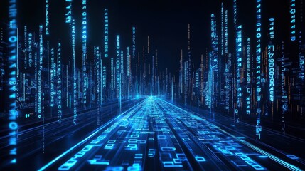 Futuristic digital landscape with glowing binary code and data streams creating an immersive technology-inspired environment