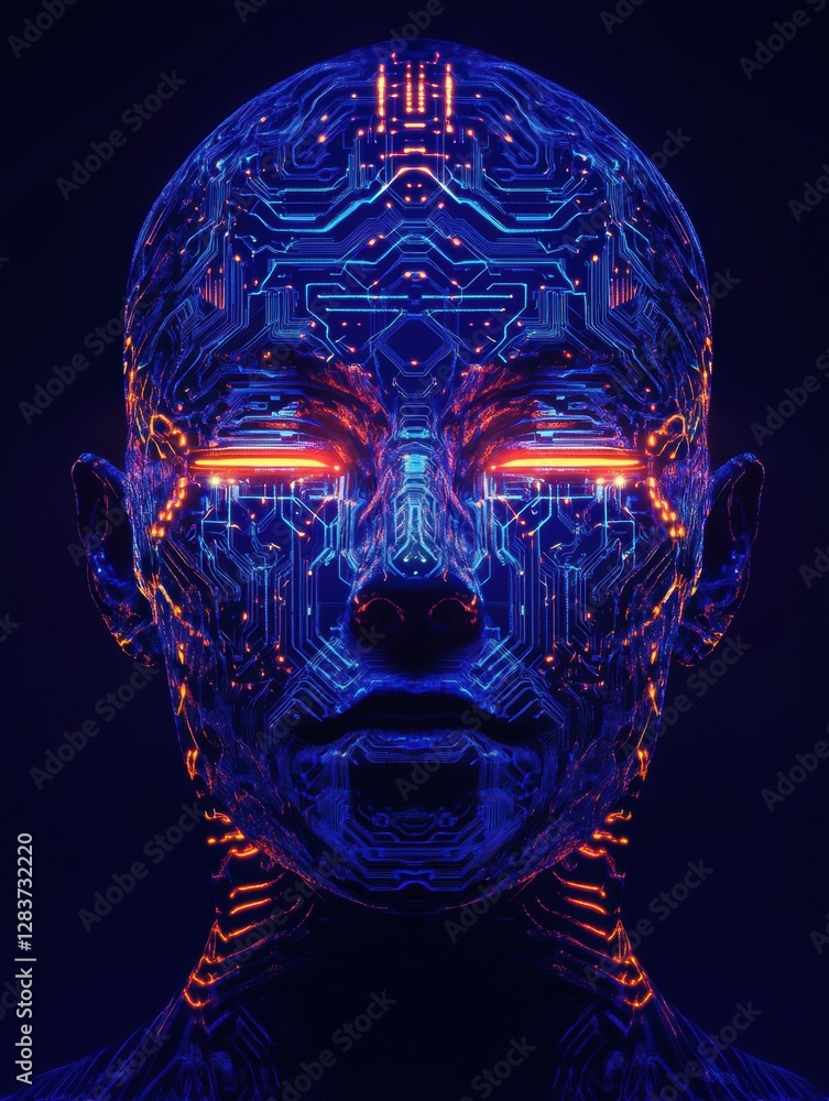 Poster silhouette of a human head with intricate circuit board pattern and glowing neon lines showcasing fu