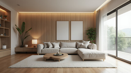 Japandi, minimalist interior design of modern living room. 