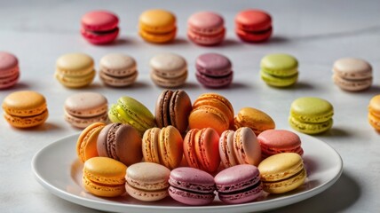 Obraz premium Assorted Macarons Pile on White Plate with Pastel Colors Elegant Display Delicious French Pastries Sugar Treat and Various Flavors On White Marble Background