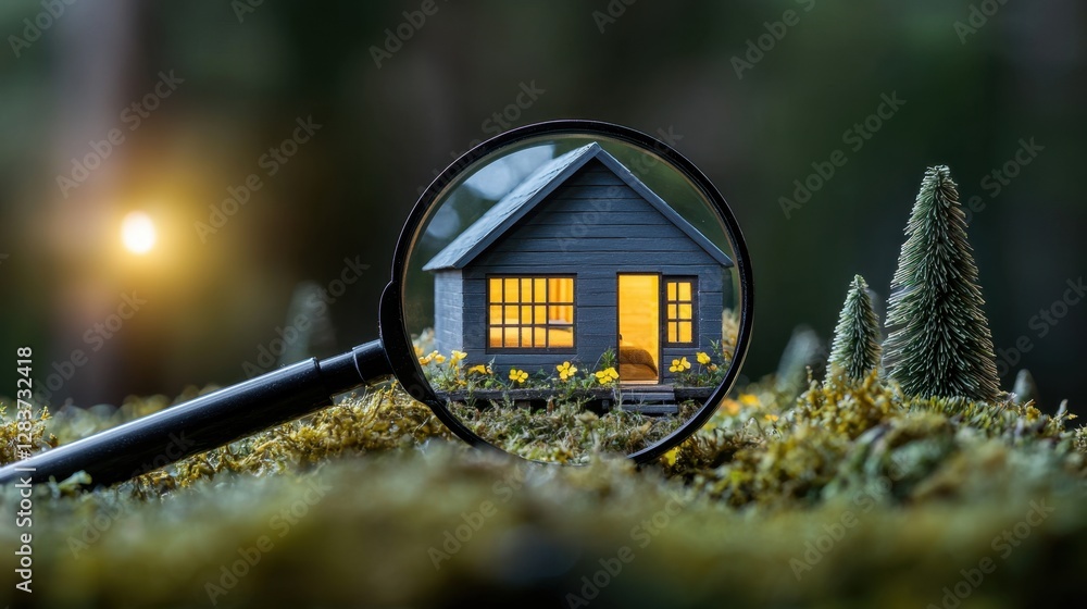 Poster miniature house illuminated at night seen through magnifying glass in a lush green forest setting wi