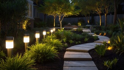 Naklejka premium Beautifully Lit Outdoor Garden with Stone Pathway Trees and Lush Greenery in Evening Light