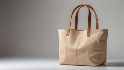 Beige Canvas Tote Bag Isolated on White Background with Brown Handles Under Soft Studio Lighting