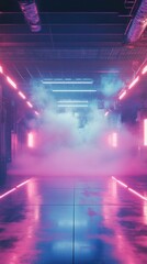 Neon-lit corridor with fog and vibrant colors