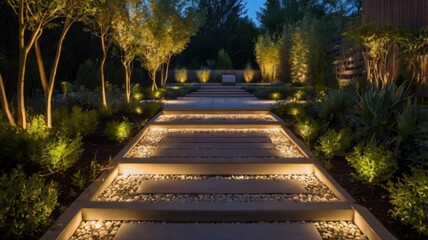 Beautifully Lit Outdoor Garden with Stone Pathway at Night with Landscape Trees and Plants in Twilight Creates a Peaceful Tranquil Scenery