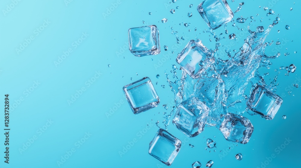Poster fresh ice cubes splashing in clear water against a vibrant blue background, creating a refreshing an