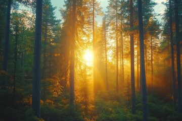 Obraz premium Golden Sunrise Forest Rays Light Trees Nature Woods,