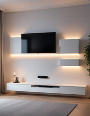 Floating TV wall panel with hidden LED strip lighting.