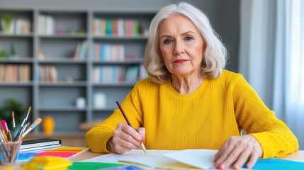 Fototapeta premium Supporting senior patients with elderly care and mental health. Senior woman creating art at a colorful desk in a bright room.