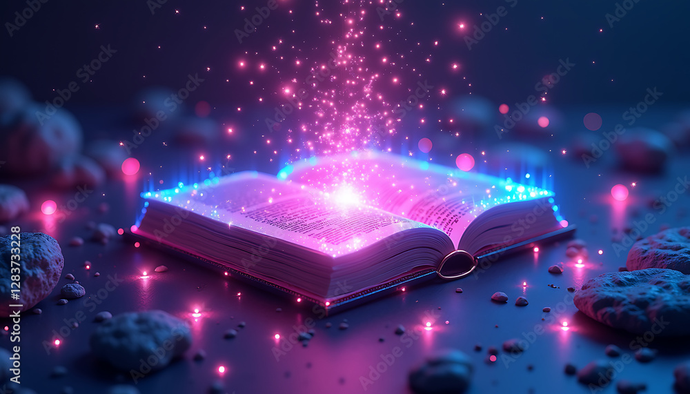 Poster magical open book with glowing particles on dark background
