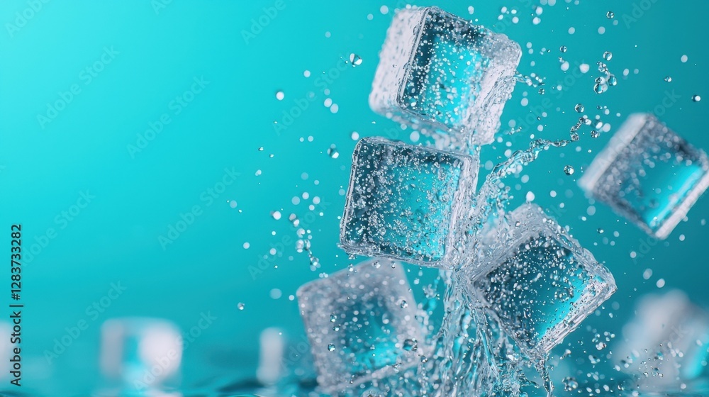 Poster close-up image of ice cubes splashing into refreshing water with bubbles and vibrant turquoise backg