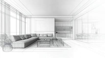 Modern living room and kitchen architectural sketch with minimalist design