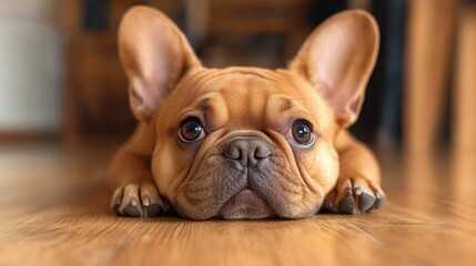 Fototapeta premium This image presents a sweet French Bulldog lying on the wooden floor, capturing its innocent gaze and soft features, which are perfect for conveying warmth and companionship.