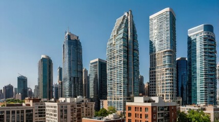 Fototapeta premium City Skyline with Tall Buildings Under Clear Sky in Daytime Featuring Modern Architecture and Urban Landscape