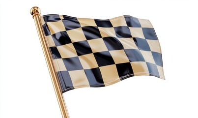 Checkered flag waving on gold pole, isolated on white background, for motorsport visuals