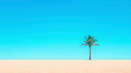 solitary palm tree stands on sandy beach under clear blue sky, evoking sense of tranquility and relaxation. scene captures essence of peaceful tropical paradise