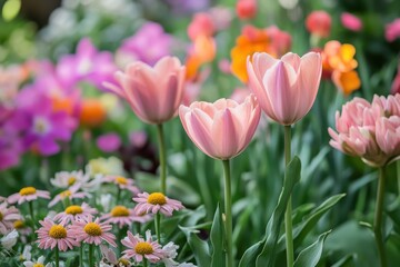Delicate Pink Tulips in a Spring Garden,