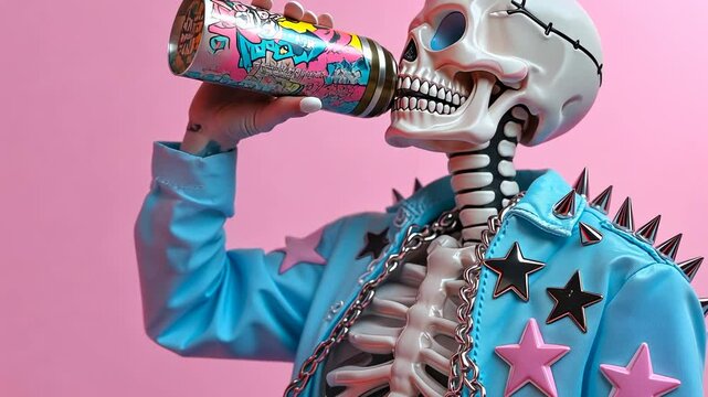 A stylized skeleton in a blue jacket drinks from a colorful can against a pink background