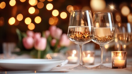 An elegant table setting featuring two glasses of wine, soft tulips, and candlelight creates a cozy and romantic atmosphere perfect for celebrations and intimate gatherings.