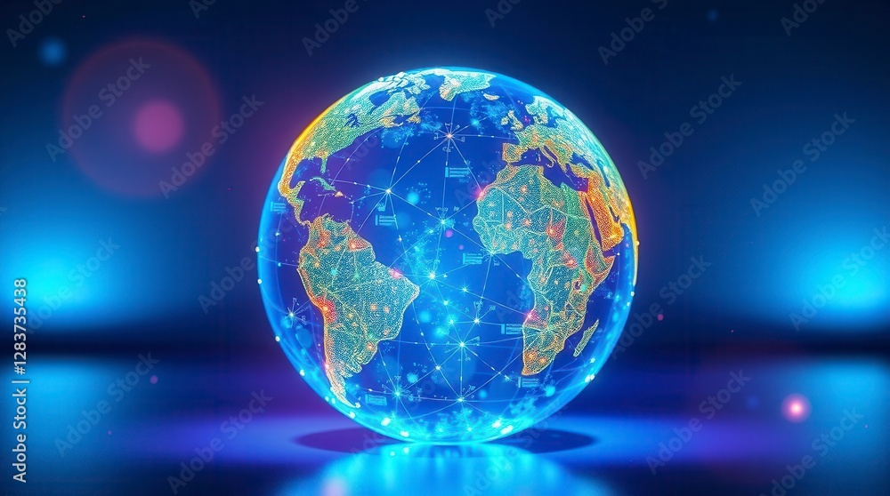 Poster illuminated continents connected by a glowing network represent global digital technology and commun