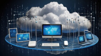 Cloud Computing Technology Concept Illustration Featuring Network Devices and Data Transfer on Platform with White Cloudy Background