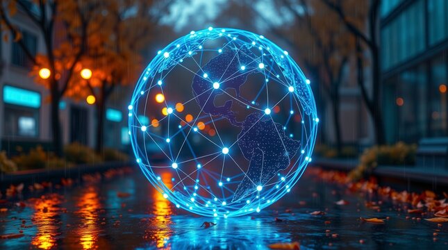 A connected digital world globe glows on a reflective, wet street during a rainy autumn evening. - Powered by Adobe