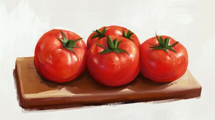 Three fresh red tomatoes on wooden cutting board