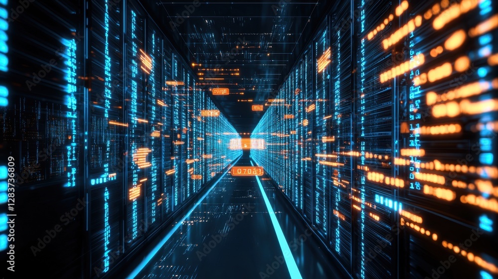 Poster futuristic data center corridor with colorful binary code flowing through server racks illuminated b