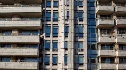 Detailed Concrete Highrise Building with Numerous Windowed Facades and Balconies Under Daylight with Geometric Pattern