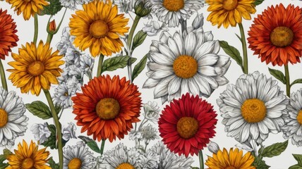 Detailed Floral Pattern with White Yellow Orange and Red Daisies on White Background
