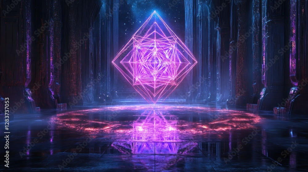 Poster a mystical geometric structure glowing in an ethereal environment.