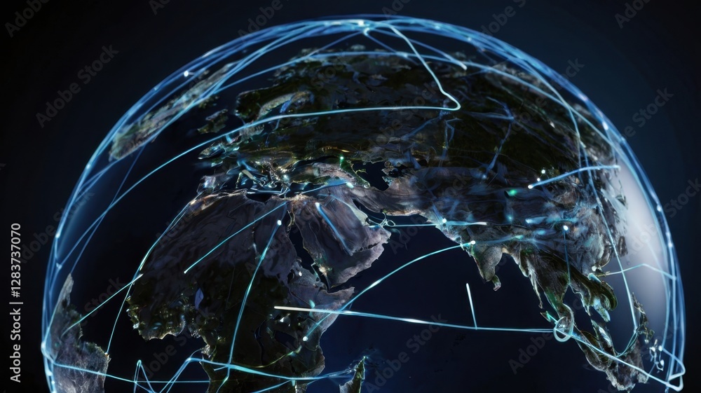 Aufkleber digital globe with interconnected blue lines symbolizing global network on dark background