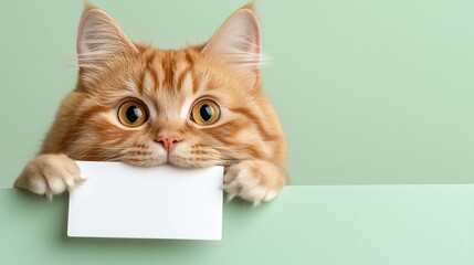 Cute ginger cat holding blank card against pastel green background