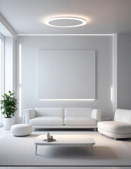 Futuristic living room with sleek surfaces and smart lighting.
