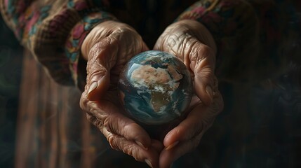 A pair of elderly hands holding a fragile Earth, symbolizing wisdom, experience, and the need to protect our planet for future generations