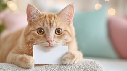Curious ginger cat holding blank card on cozy couch with colorful cushions