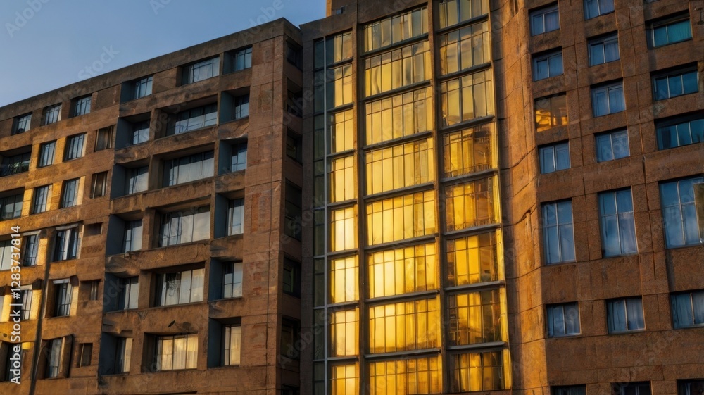 Poster elevated view of a multi story brick building with golden window reflections in an urban setting aga